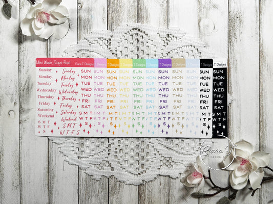 Mini Rainbow Coloured Week Days Sticker Sheet