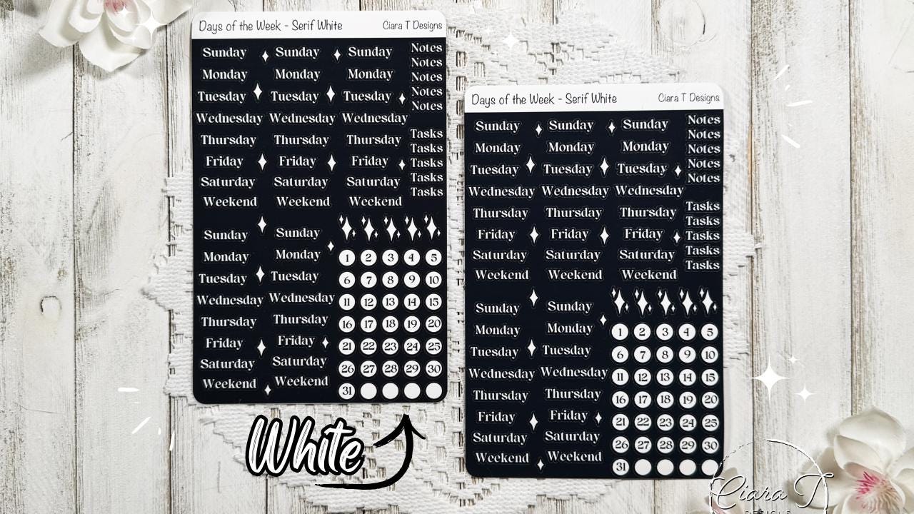 Ombre Rainbow Coloured Days of the Week Serif Sticker Sheet