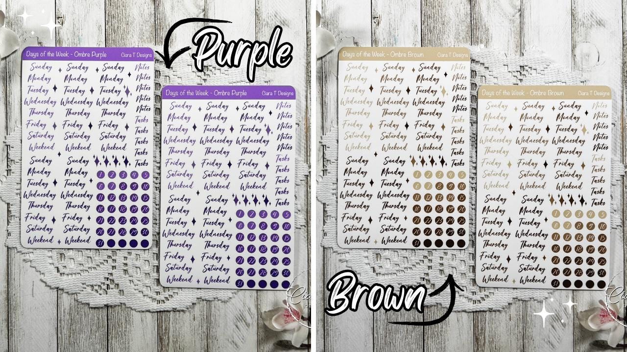 Ombre Rainbow Days of the Week Script Sticker Sheet