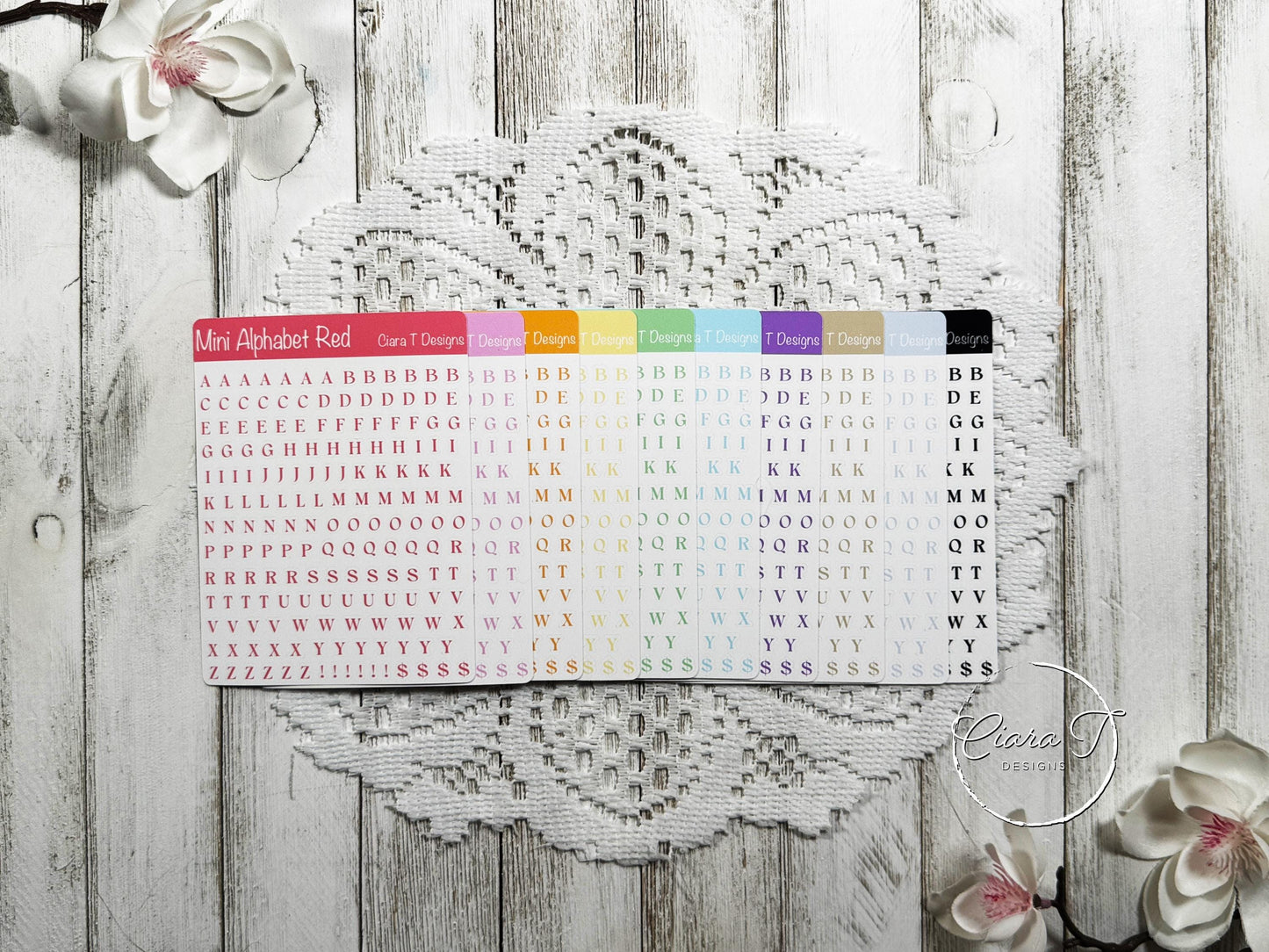 Mini Rainbow Coloured Small Serif Alphabet Sticker Sheet