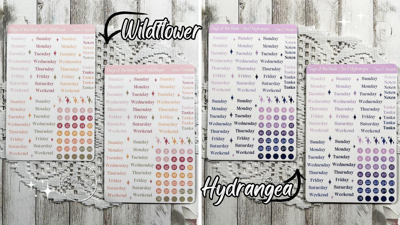 Large Ombre Candy Coloured Days of the Week Serif Sticker Sheet