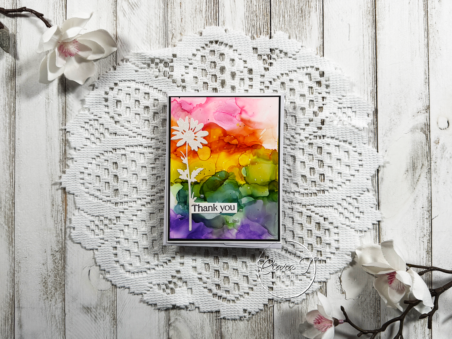 Alcohol Ink & Floral Thank You Card