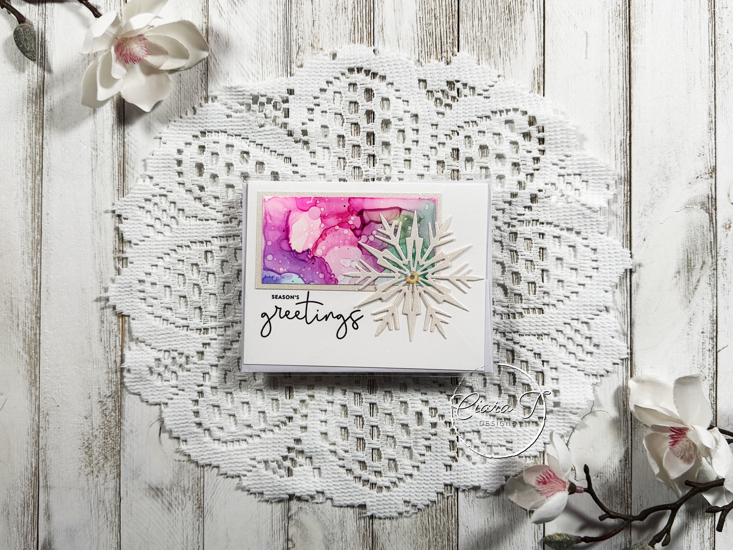 Pink Alcohol Ink Strip Christmas Card