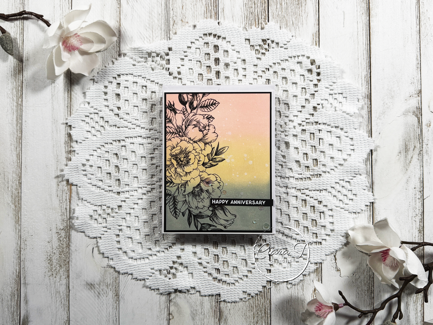 Tri-colour ink blended floral Anniversary Card