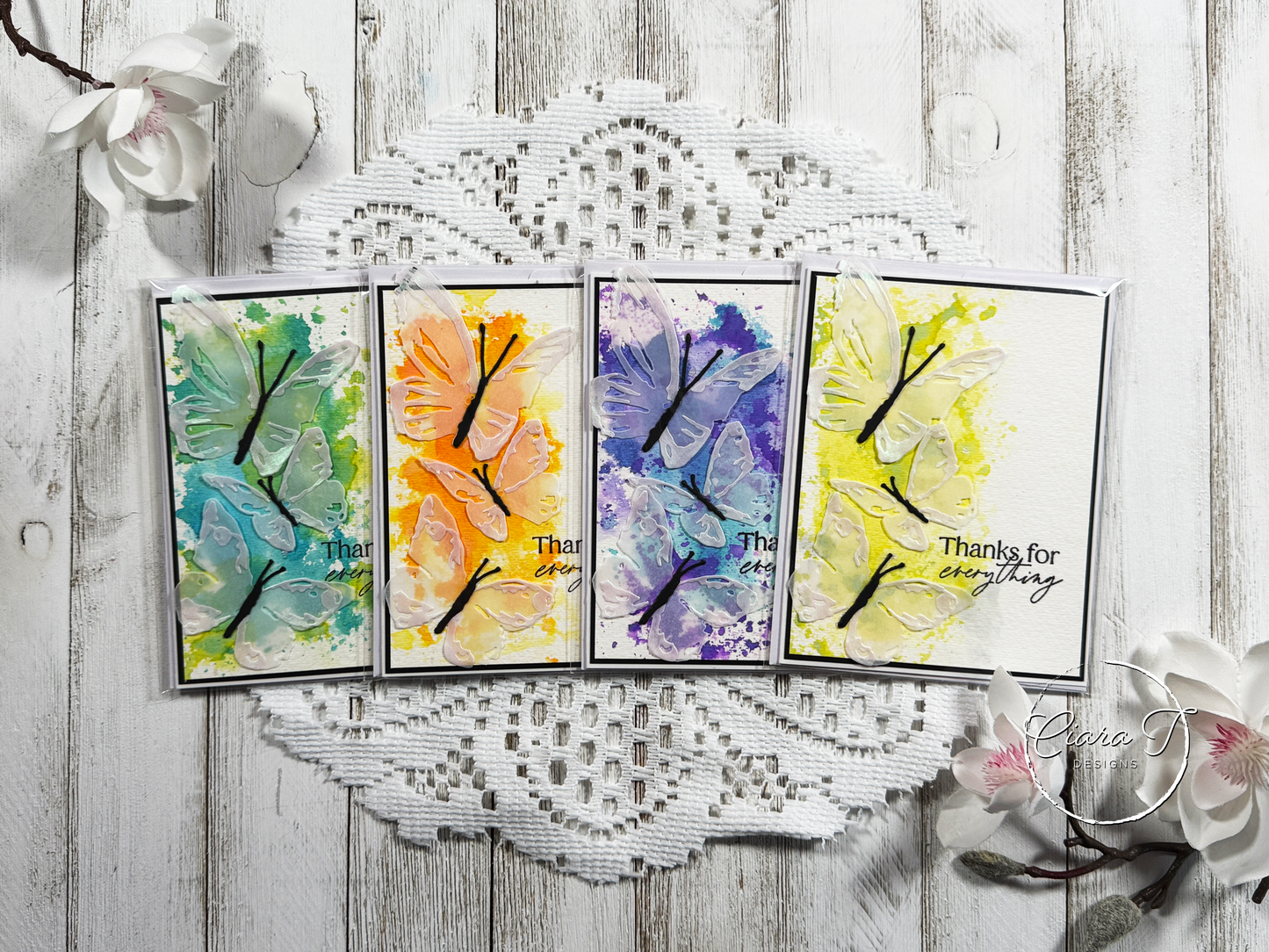Ink-Smooshed Background & Butterflies Thank You Card *Bundle*