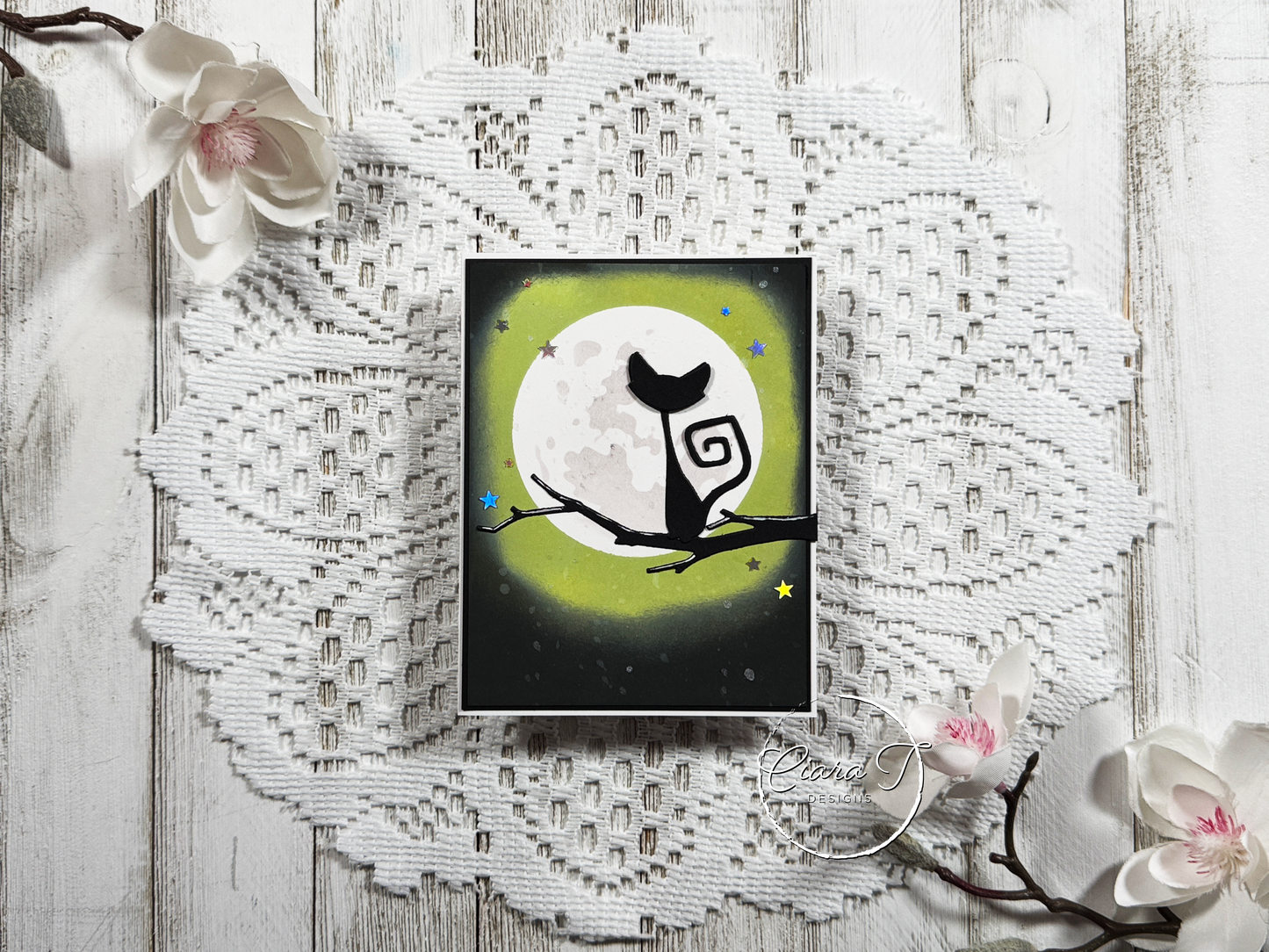 Green Moon & Cat Halloween Card