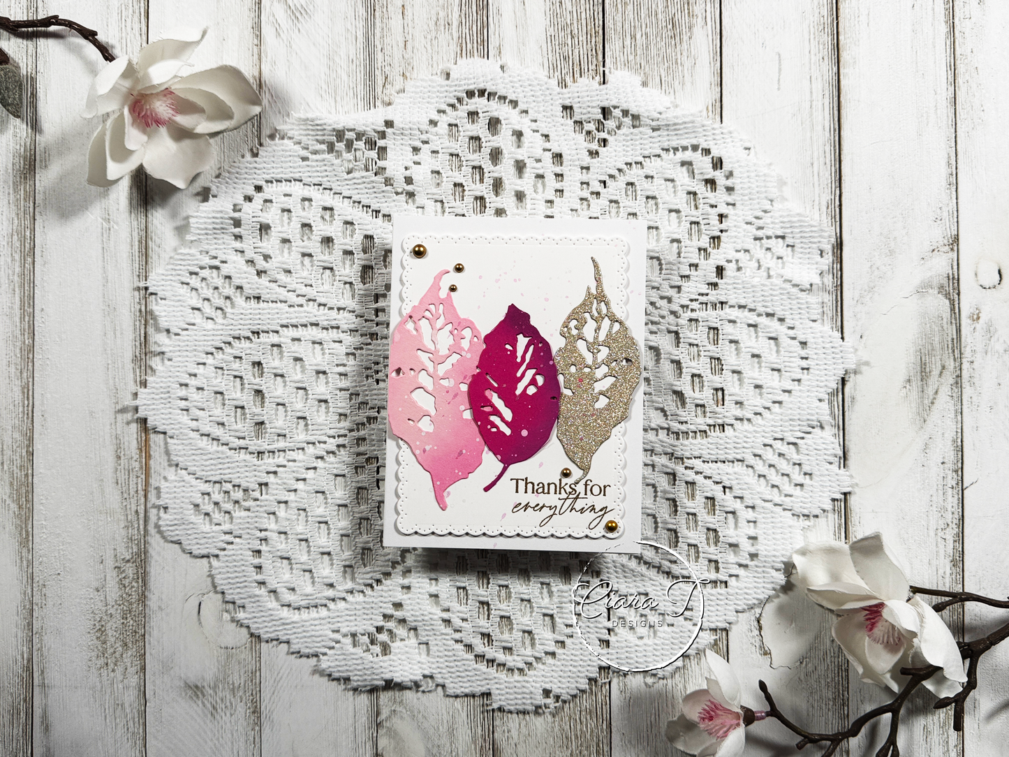 Pink & Gold Leaves Thank You Card