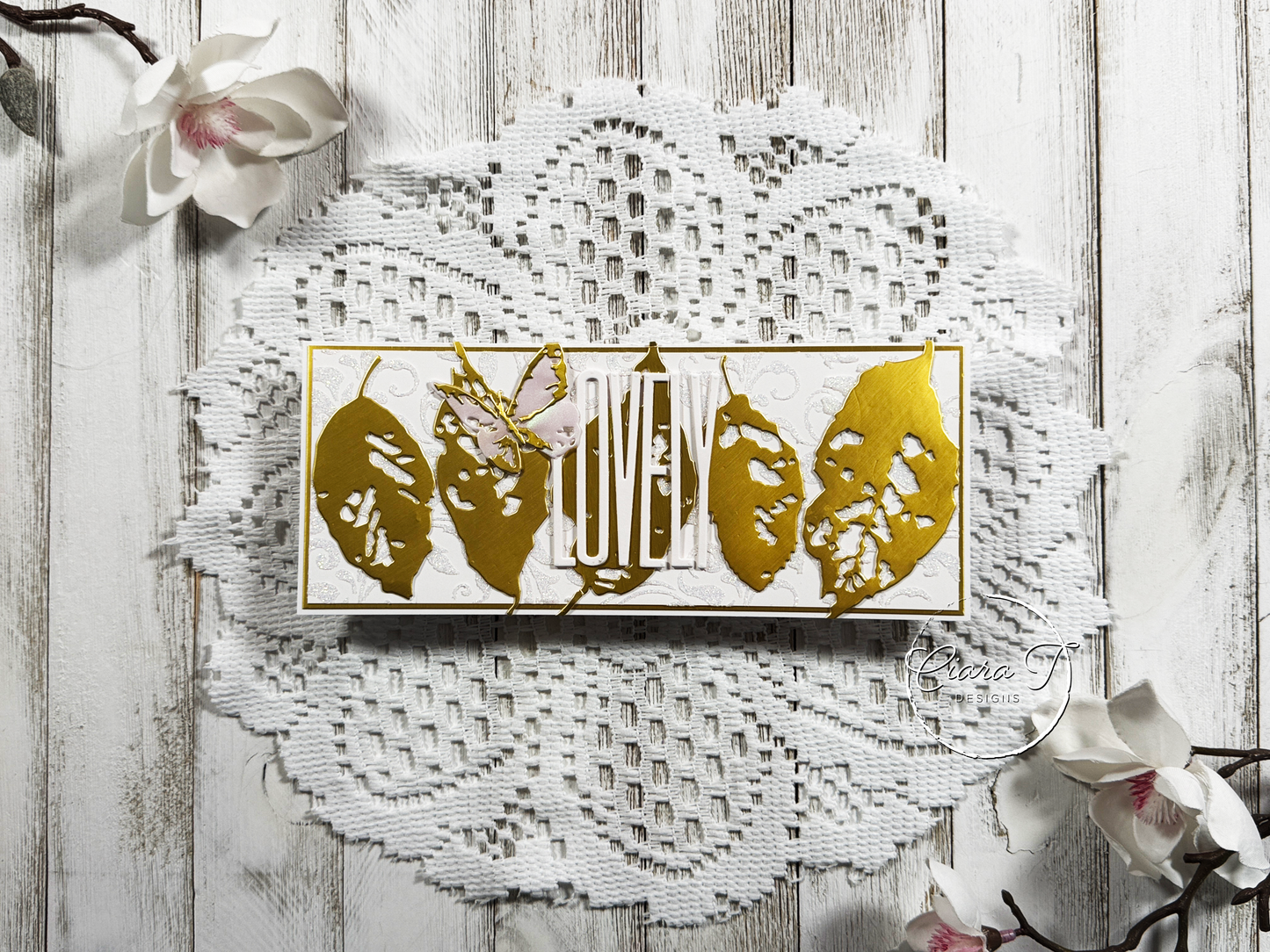 White & Gold Lovely Inspirational Slimline Card