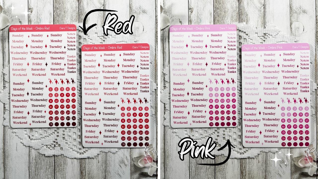 Ombre Rainbow Coloured Days of the Week Serif Sticker Sheet