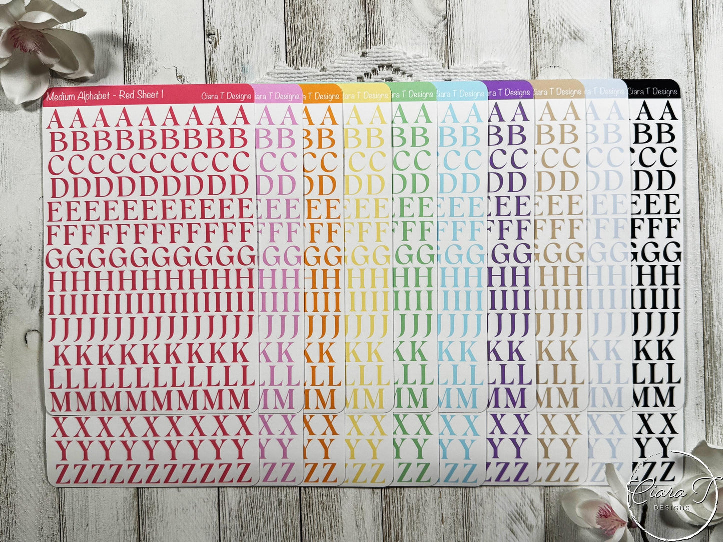 Medium Rainbow Coloured Serif Alphabet Sticker Sheet