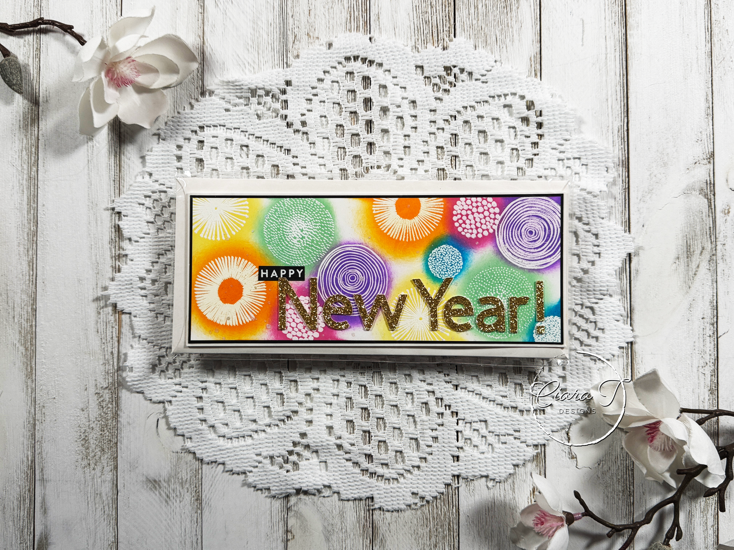 Rainbow Firework New Year Slimline Card