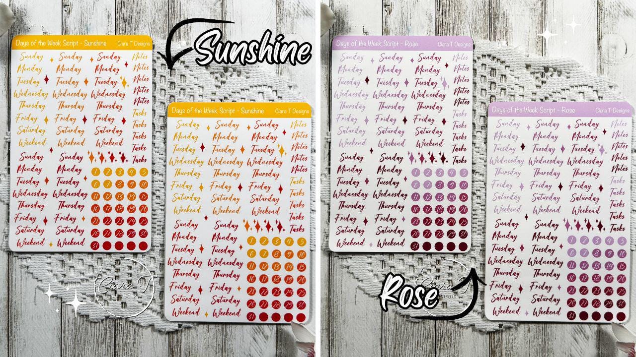 Large Ombre Candy Coloured Days of the Week Script Sticker Sheet