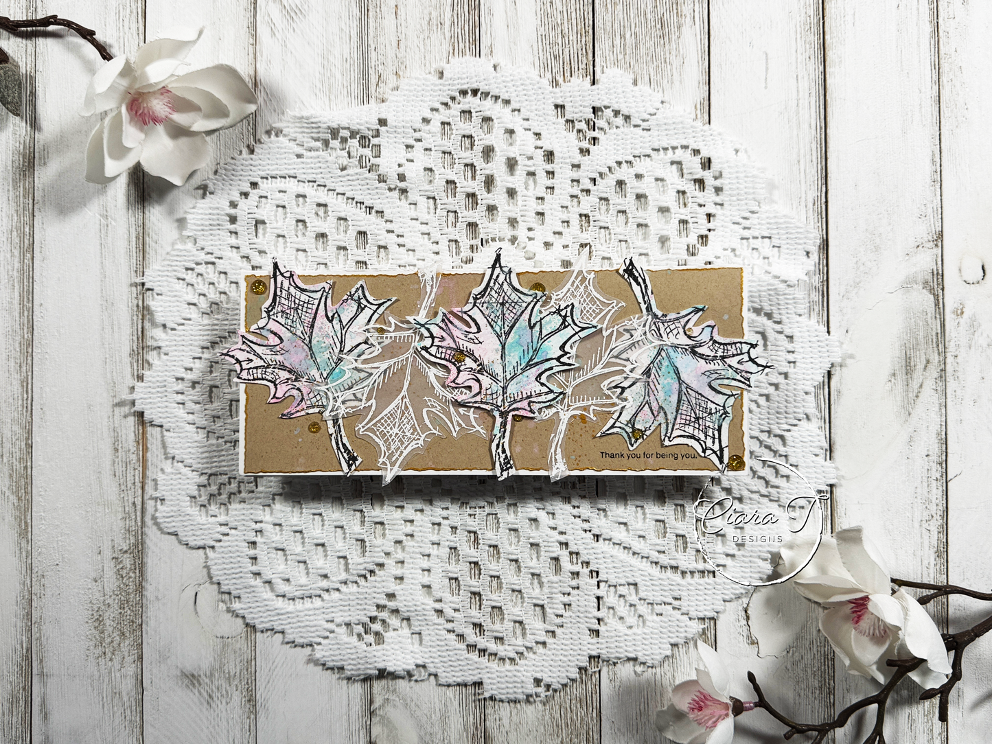Inky Leaves Thank You Slimline Card