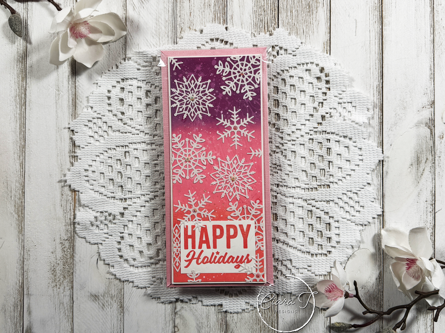 Pink & Purple Ink-Blended Snowflake Christmas Slimline Card
