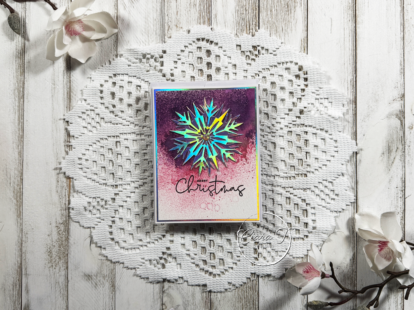 Pink Spray & Snowflake Christmas Card