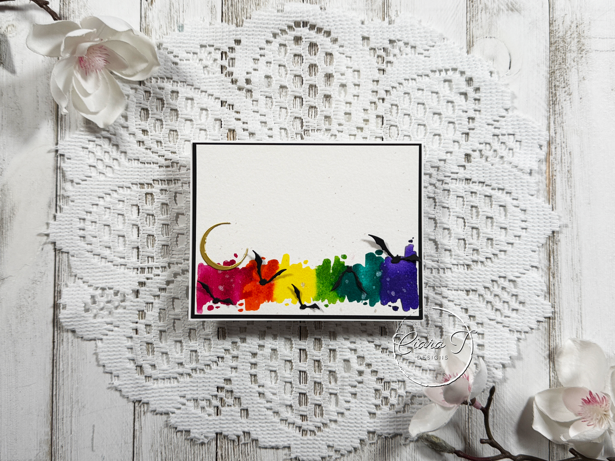 Watercolour Rainbow Bats & Moon Halloween Card