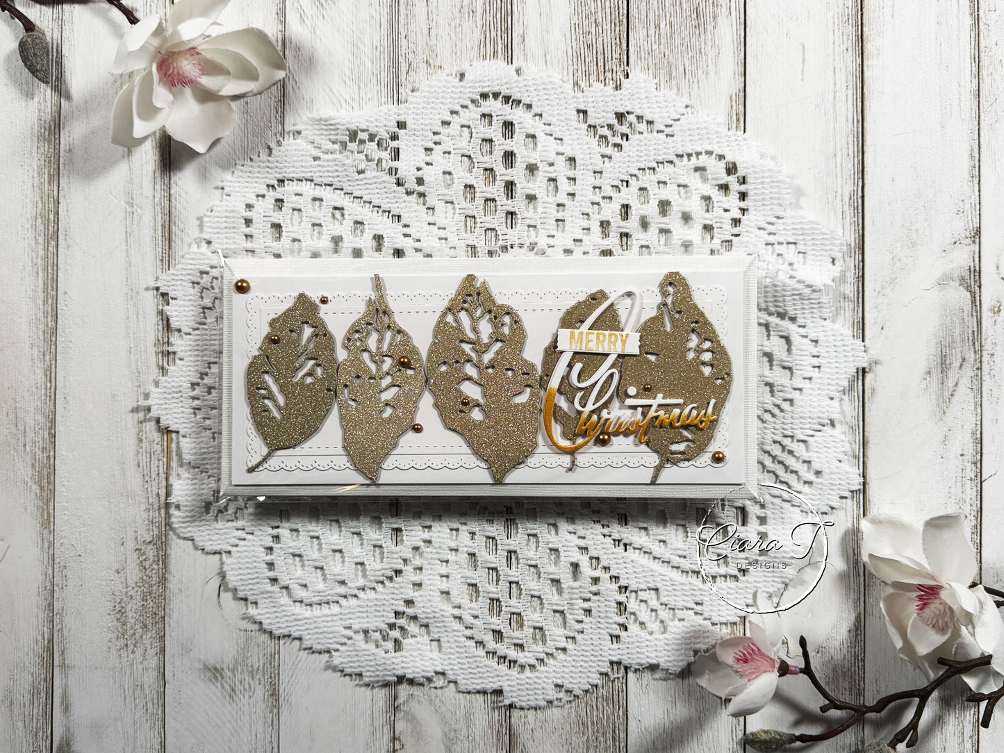 White & Gold Leaf Christmas Slimline Card
