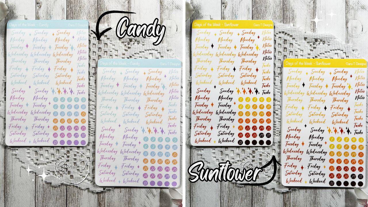 Large Ombre Candy Coloured Days of the Week Script Sticker Sheet
