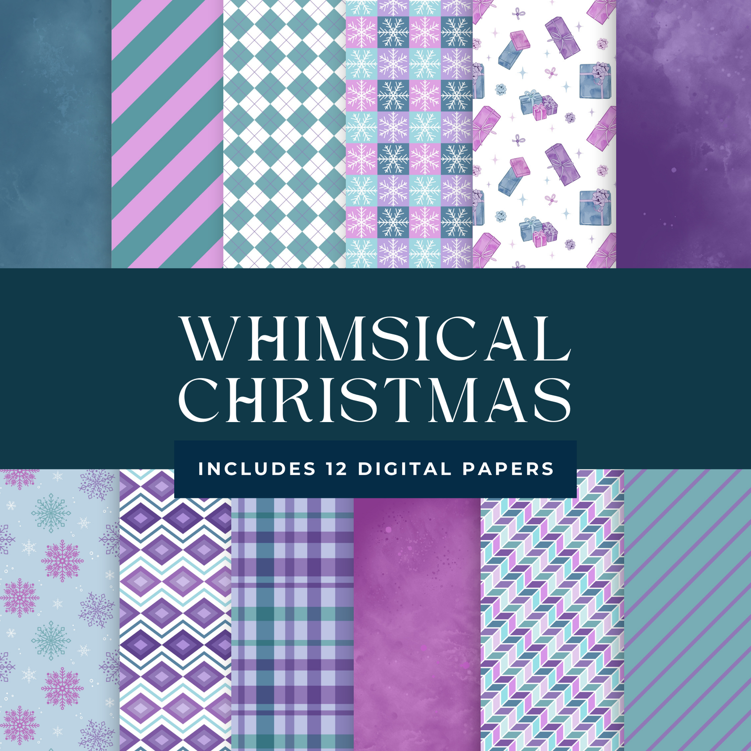 Collection of Whimsical Christmas digital paper designs with a purple and teal color scheme.