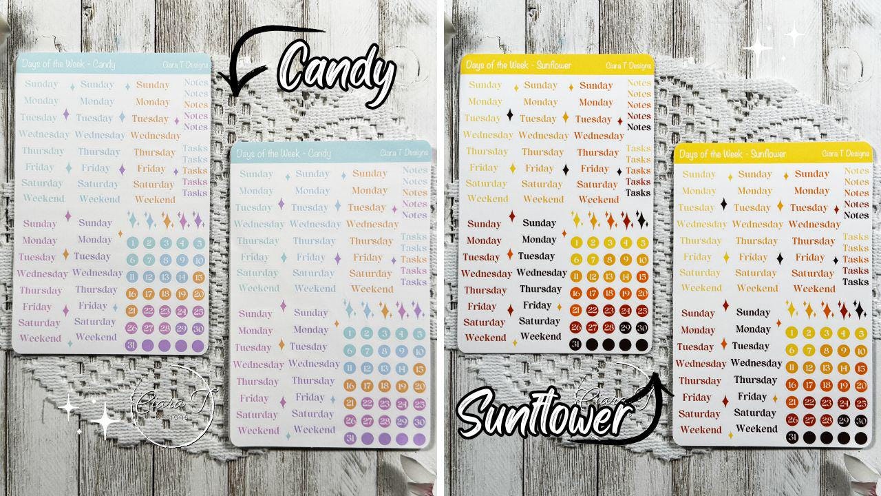 Large Ombre Candy Coloured Days of the Week Serif Sticker Sheet