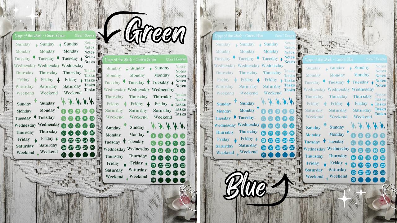 Ombre Rainbow Coloured Days of the Week Serif Sticker Sheet