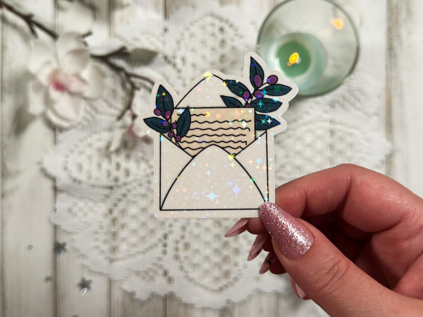 White Floral Envelope Vinyl Sticker