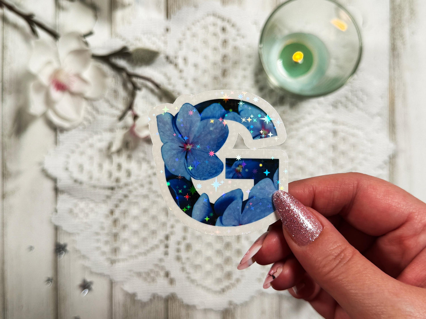 Holographic Stars Floral Alphabet Sticker
