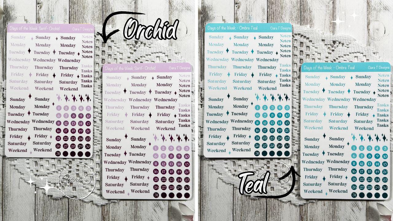 Large Ombre Candy Coloured Days of the Week Serif Sticker Sheet