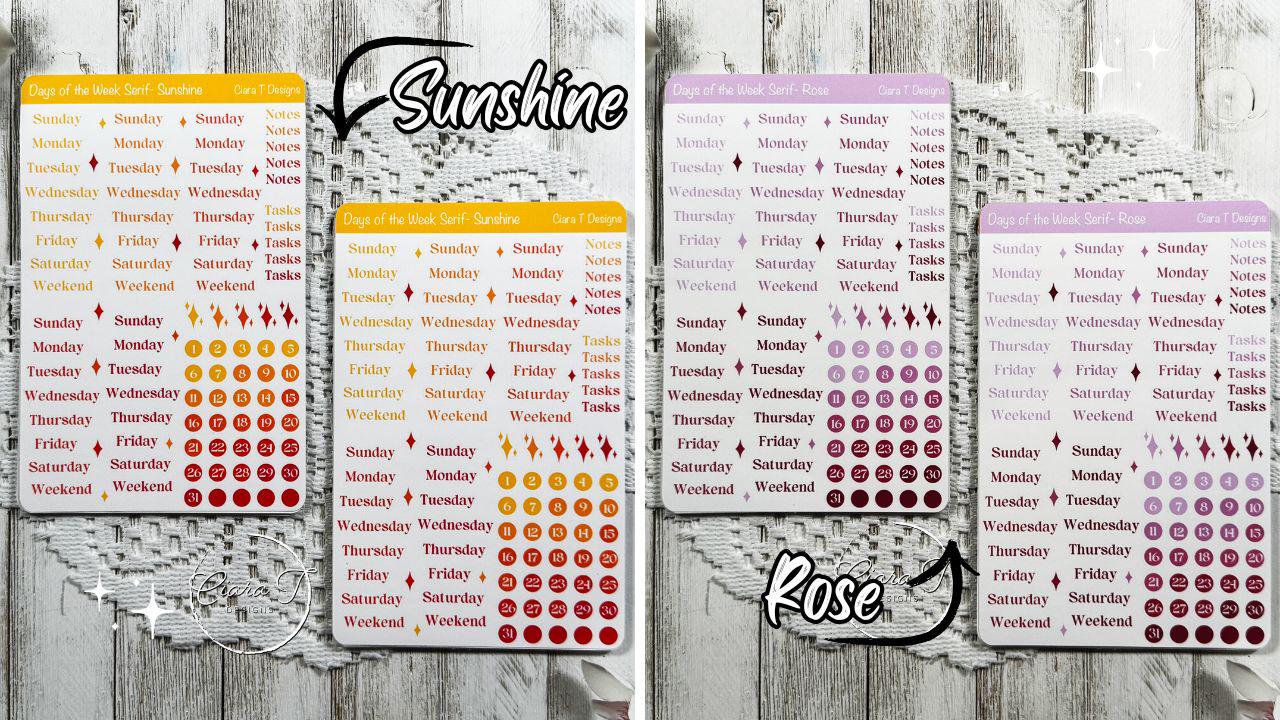 Large Ombre Candy Coloured Days of the Week Serif Sticker Sheet