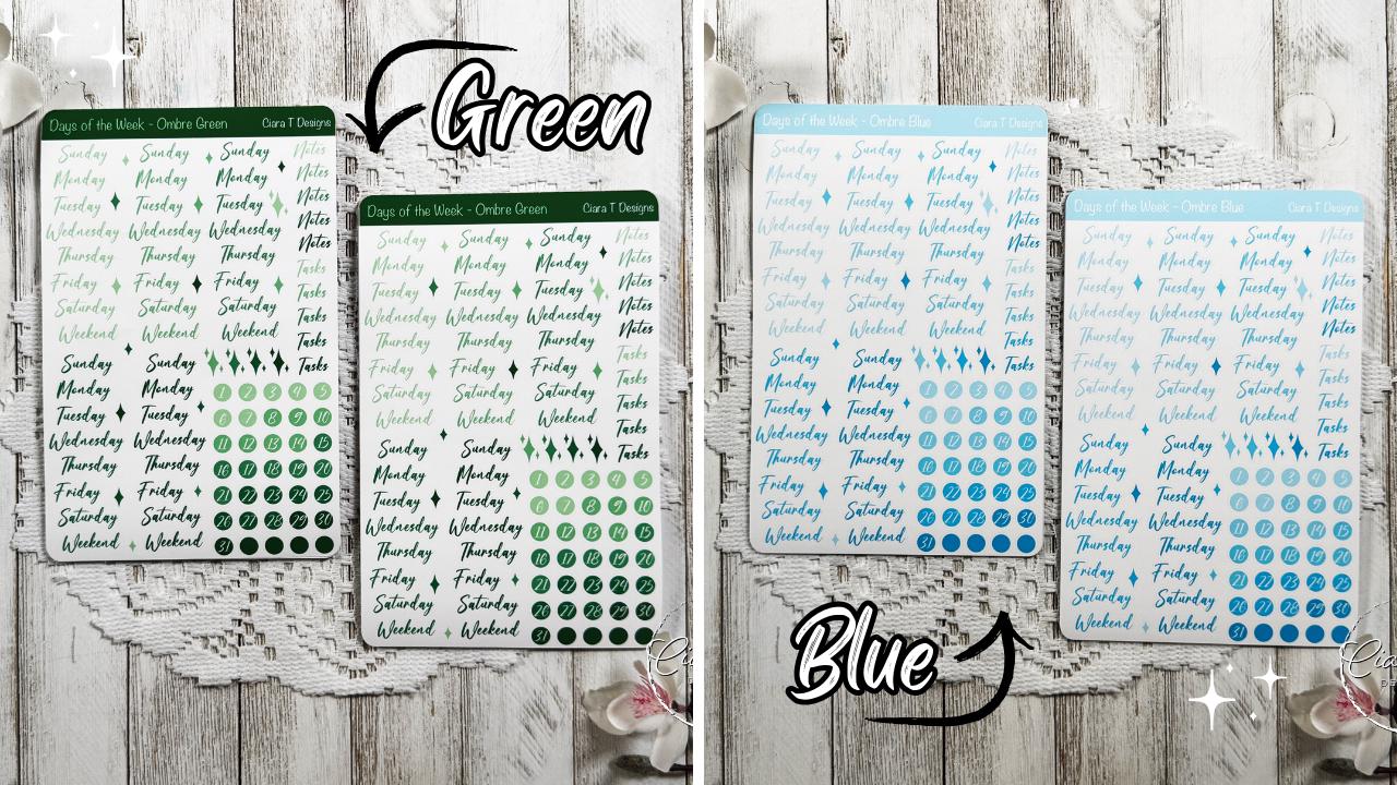 Ombre Rainbow Days of the Week Script Sticker Sheet