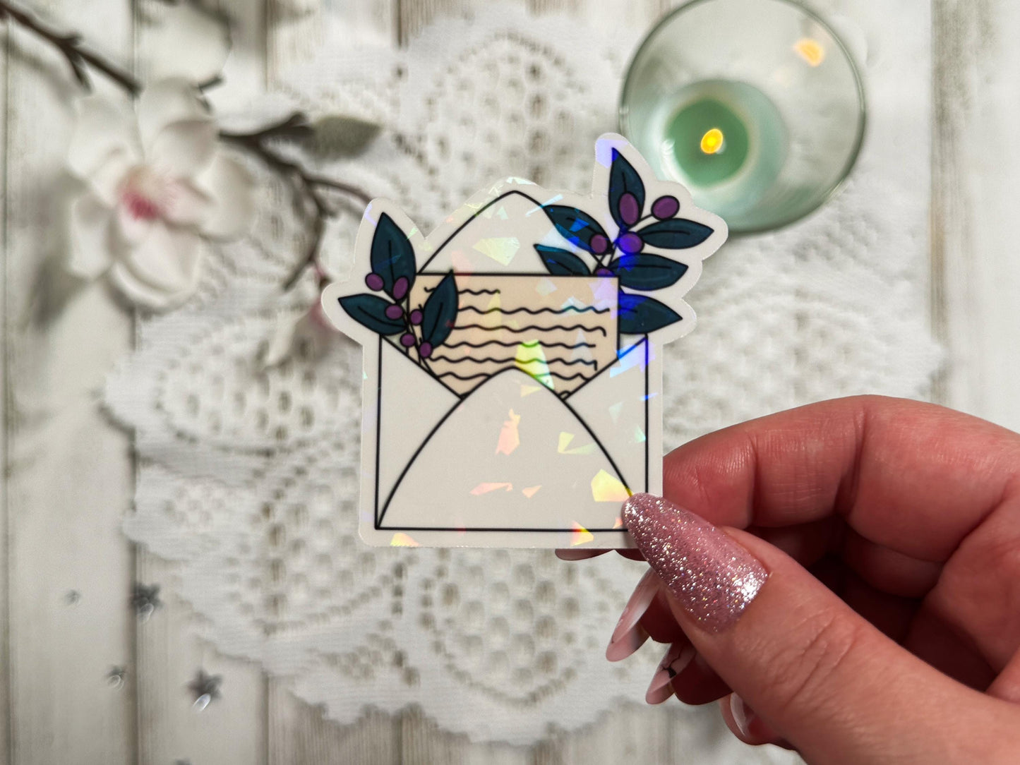 White Floral Envelope Vinyl Sticker