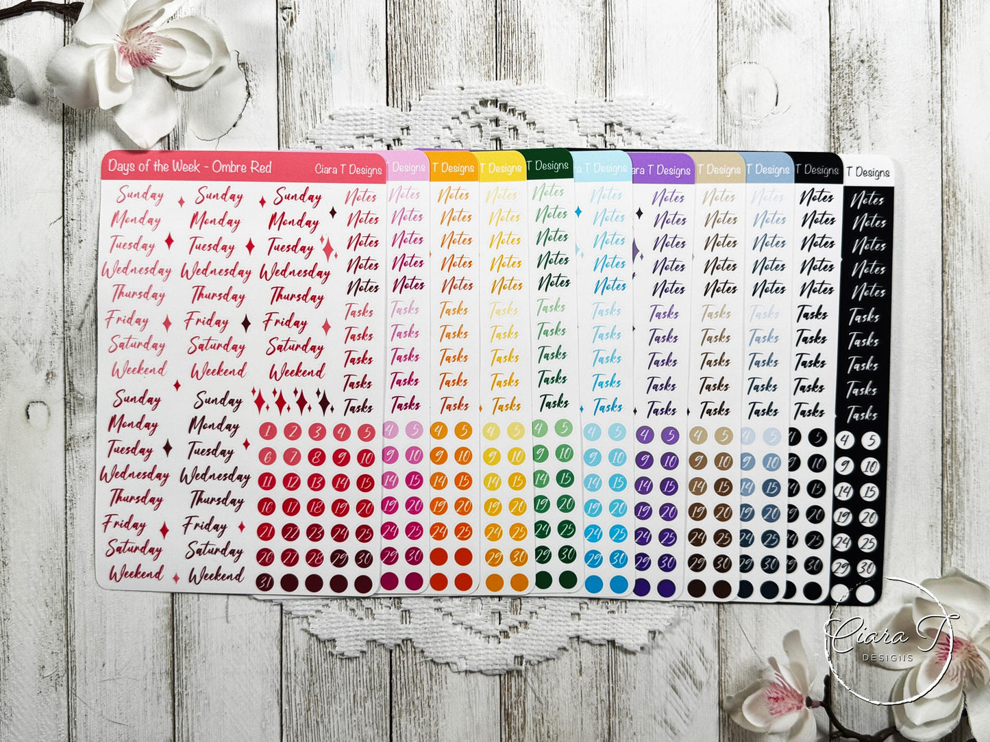 Ombre Rainbow Days of the Week Script Sticker Sheet