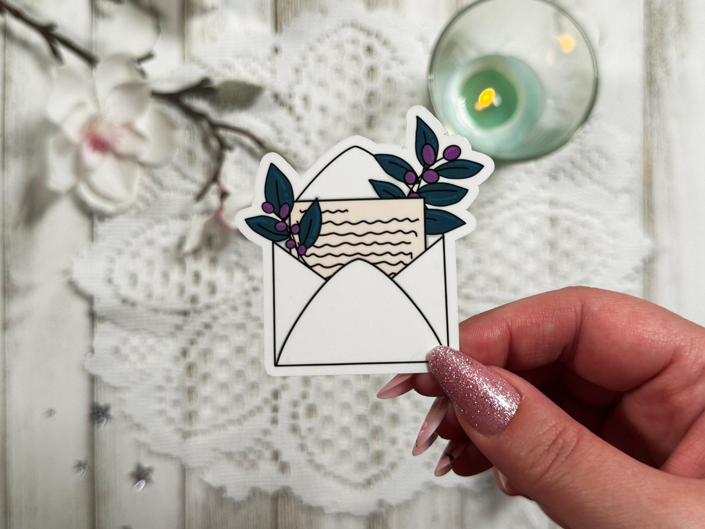 White Floral Envelope Vinyl Sticker