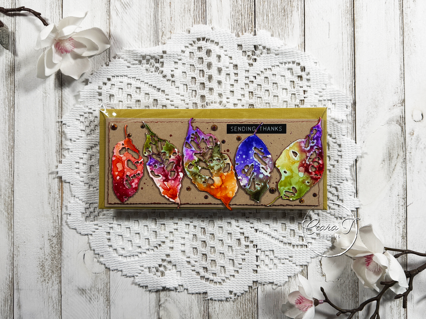 Alcohol Ink Leaves Thank You Slimline Card