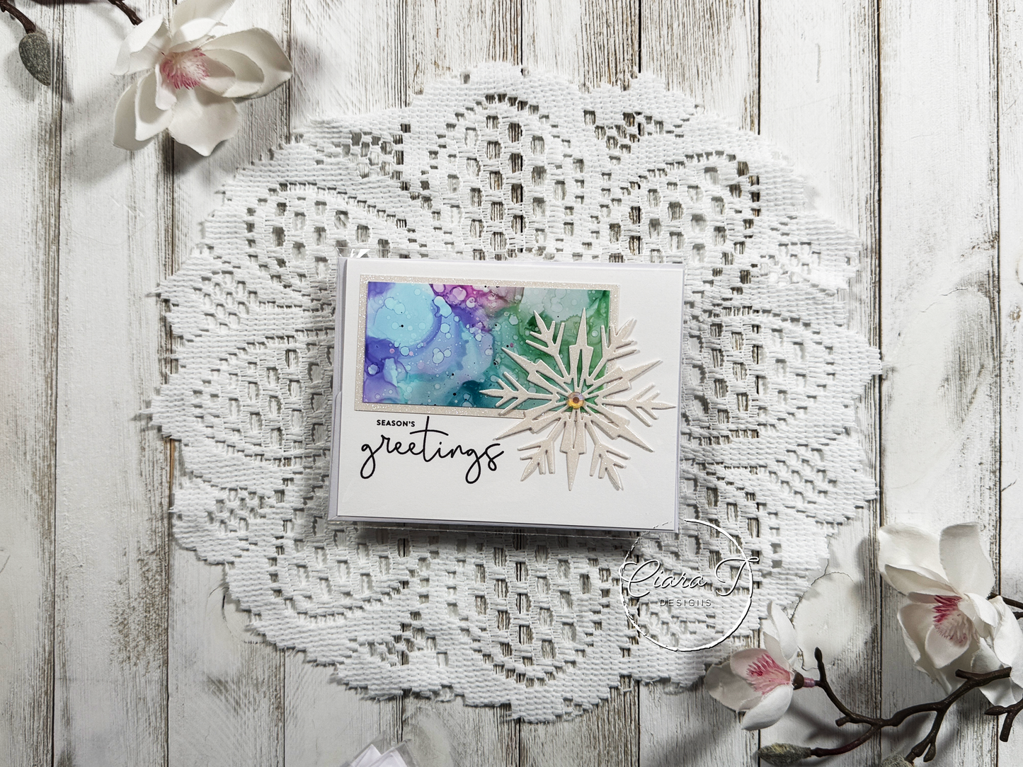 Blue Alcohol Ink Strip Christmas Card