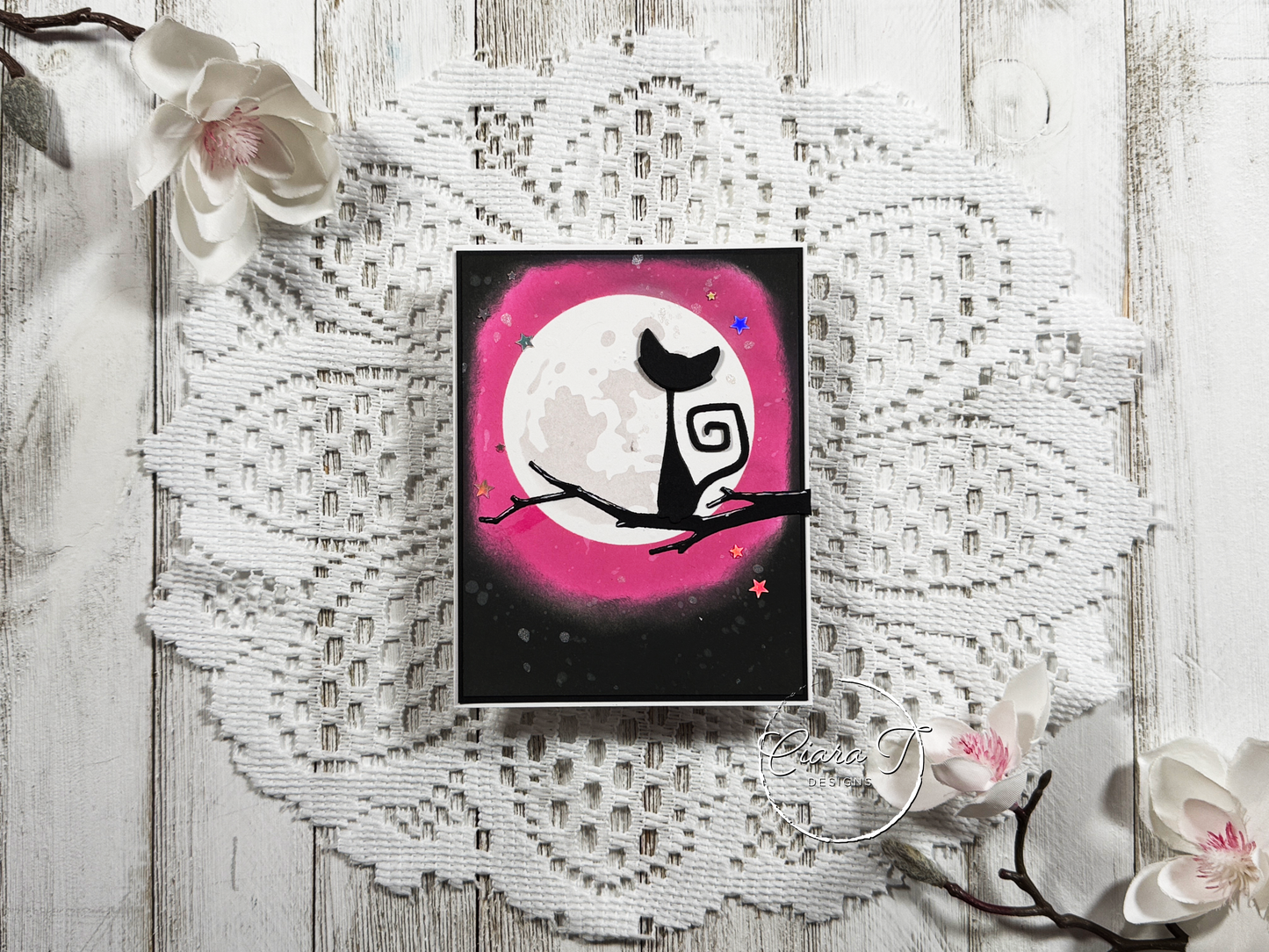 Pink Moon & Cat Halloween Card