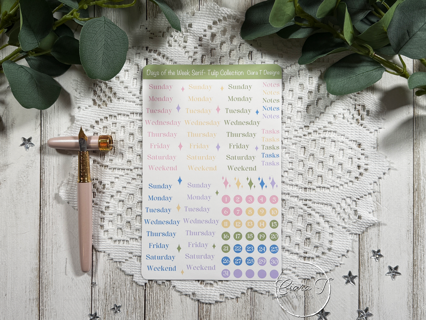 Days of the Week Serif Sticker Sheet - Tulip Collection