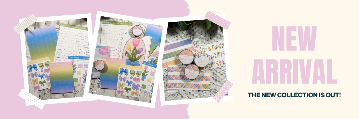 Collage of stationery items with 'New Arrival' text on a pink background
