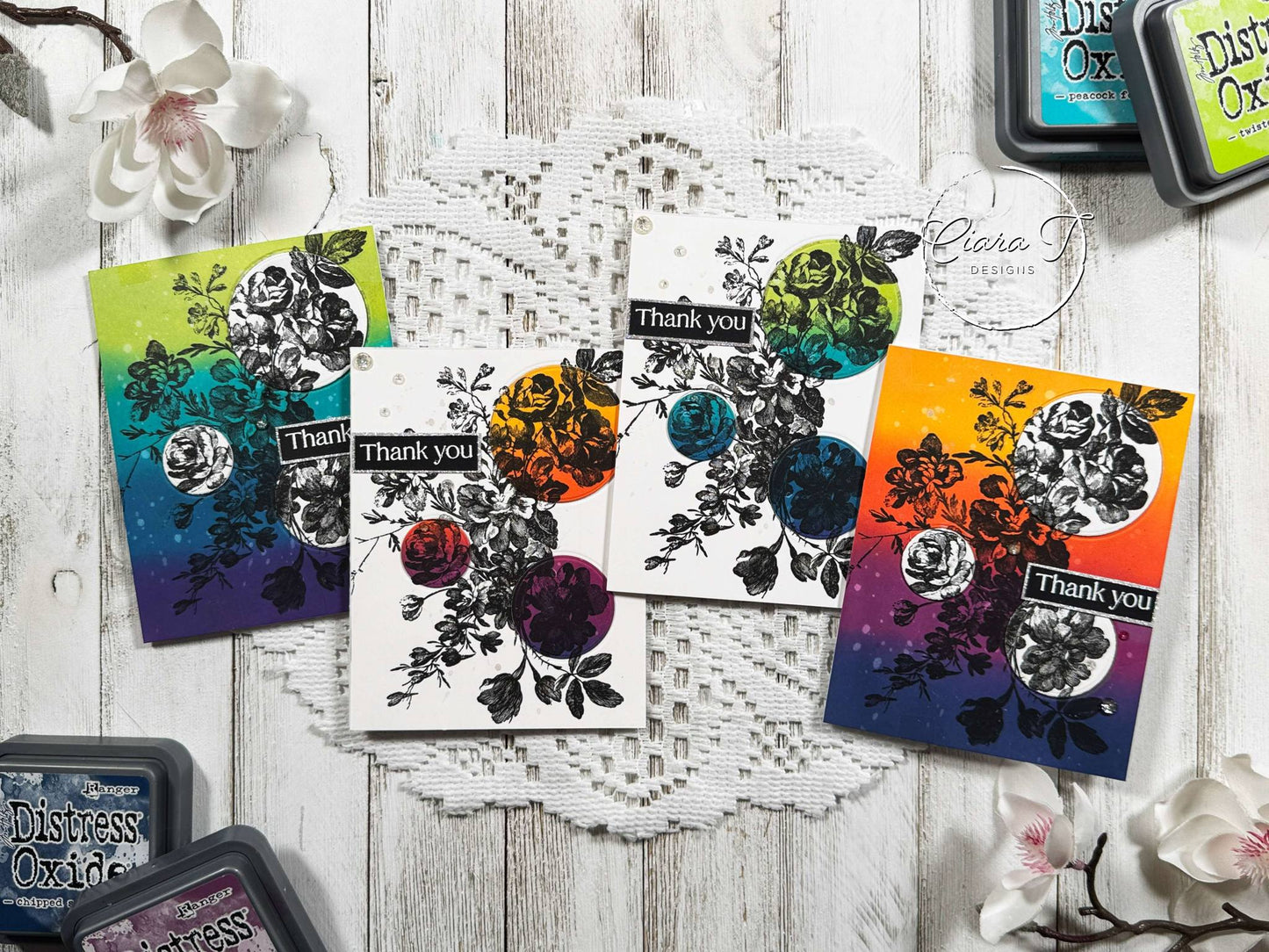 Ink-Blended Floral & Circle Cut Out Thank You Card *Bundle*