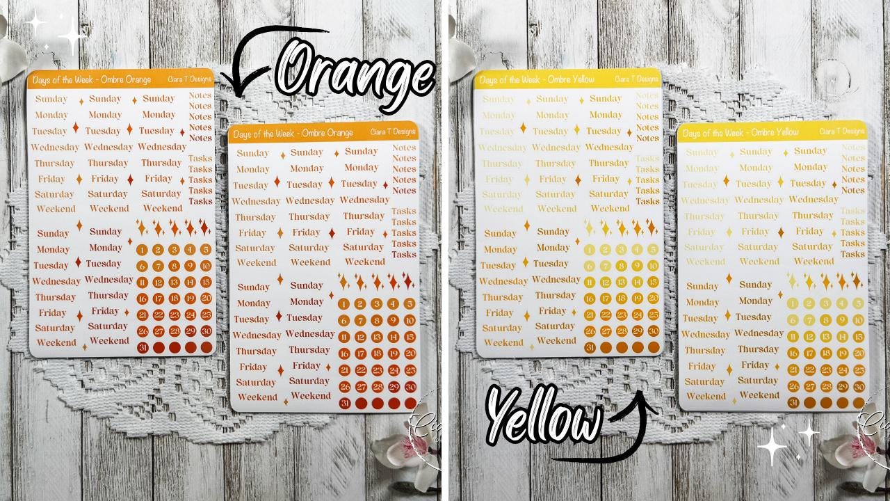 Ombre Rainbow Coloured Days of the Week Serif Sticker Sheet
