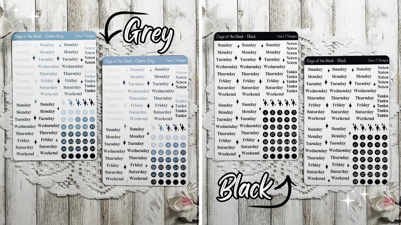 Ombre Rainbow Coloured Days of the Week Serif Sticker Sheet