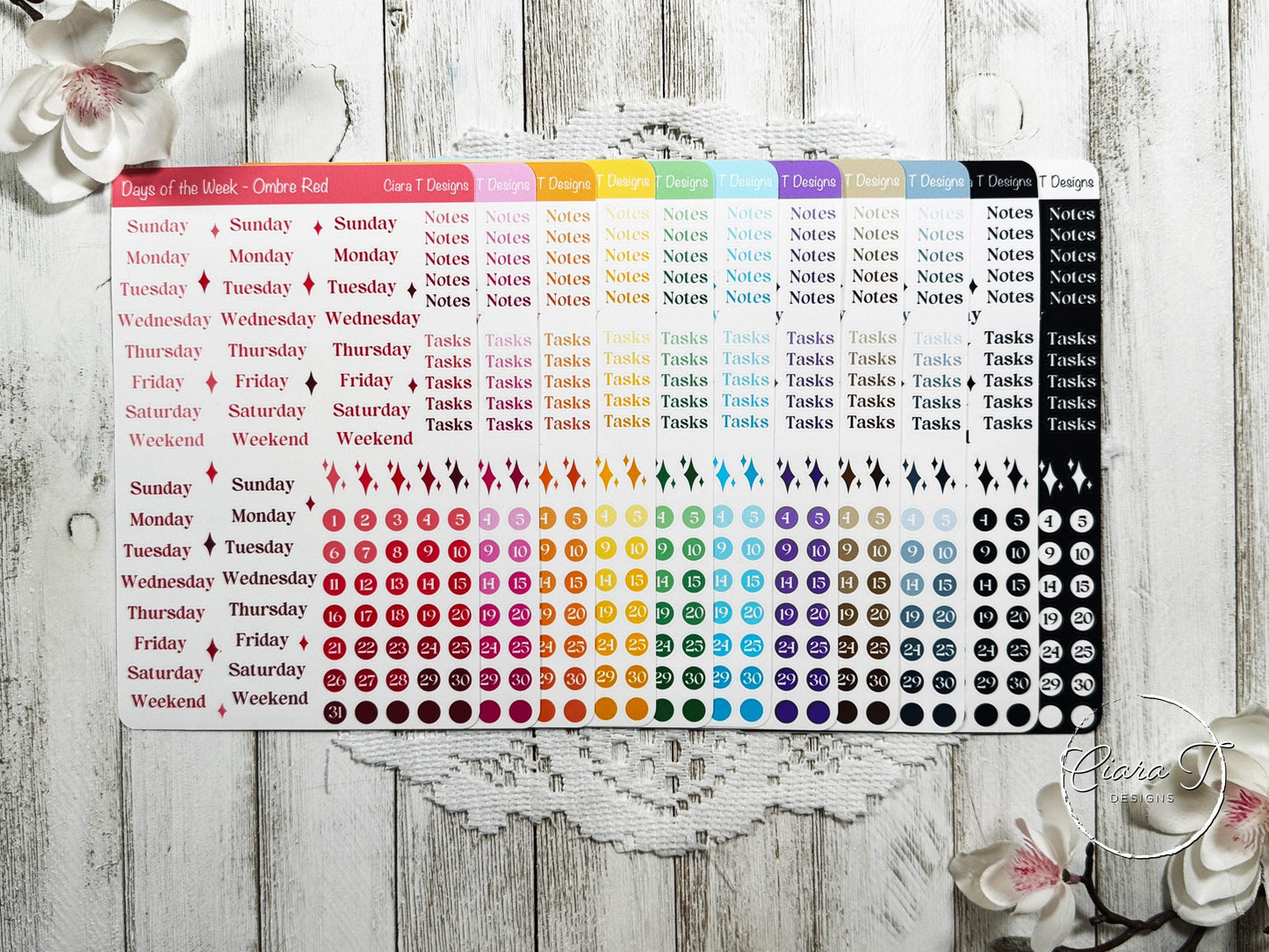 Ombre Rainbow Coloured Days of the Week Serif Sticker Sheet