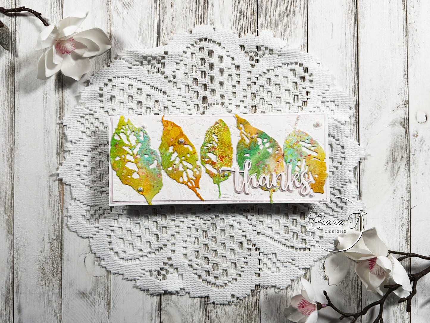 Inky Spray Leaves Thank You Slimline Card