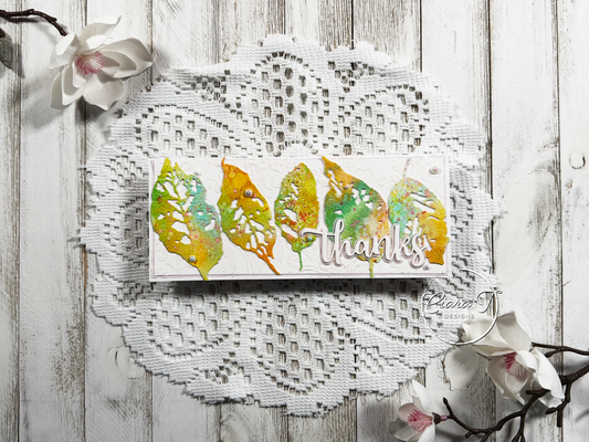 Inky Spray Leaves Thank You Slimline Card