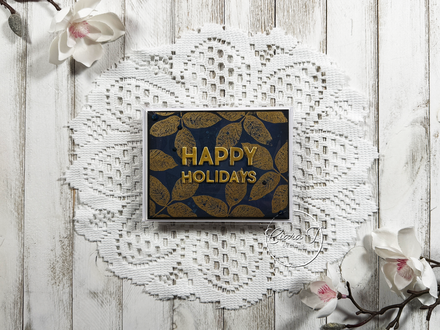 Navy & Gold Leaves Christmas Card