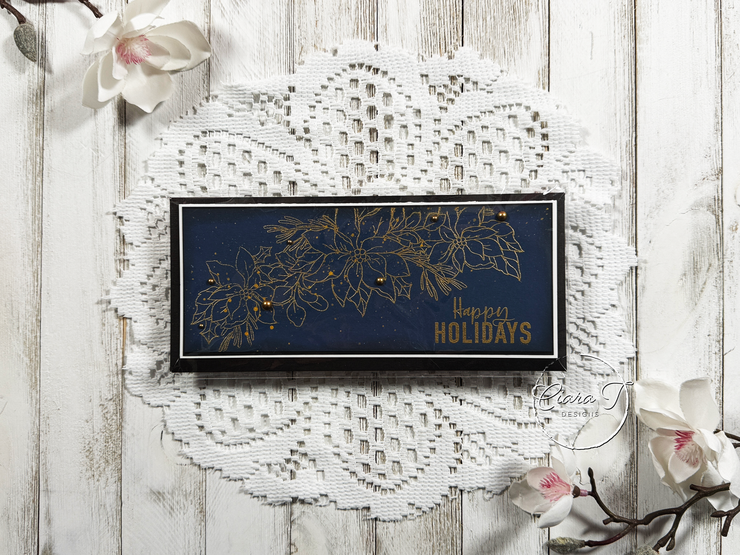 Navy & Gold Floral Christmas Slimline Card