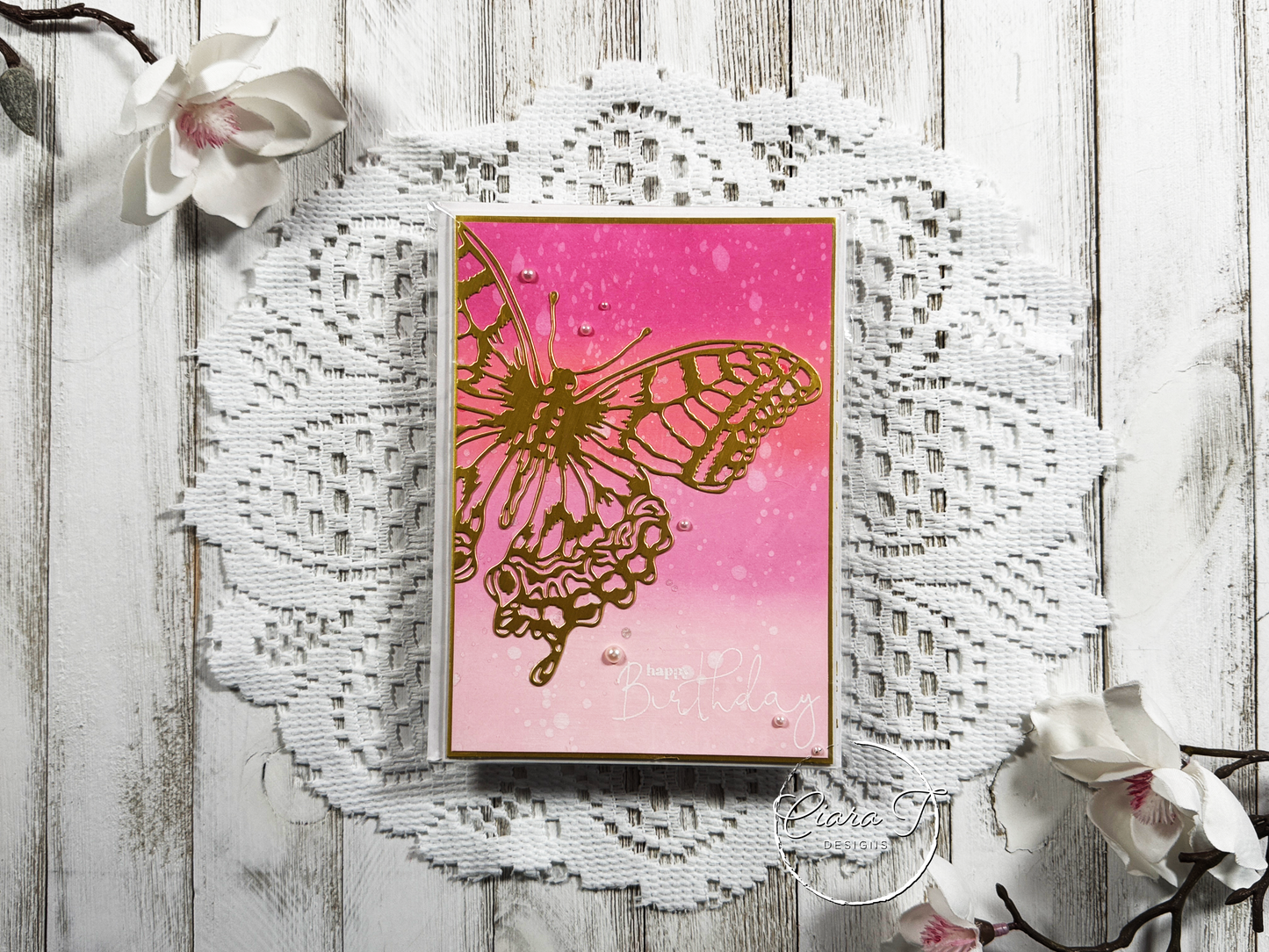 Pink & Gold Butterfly 5x7 Birthday Card