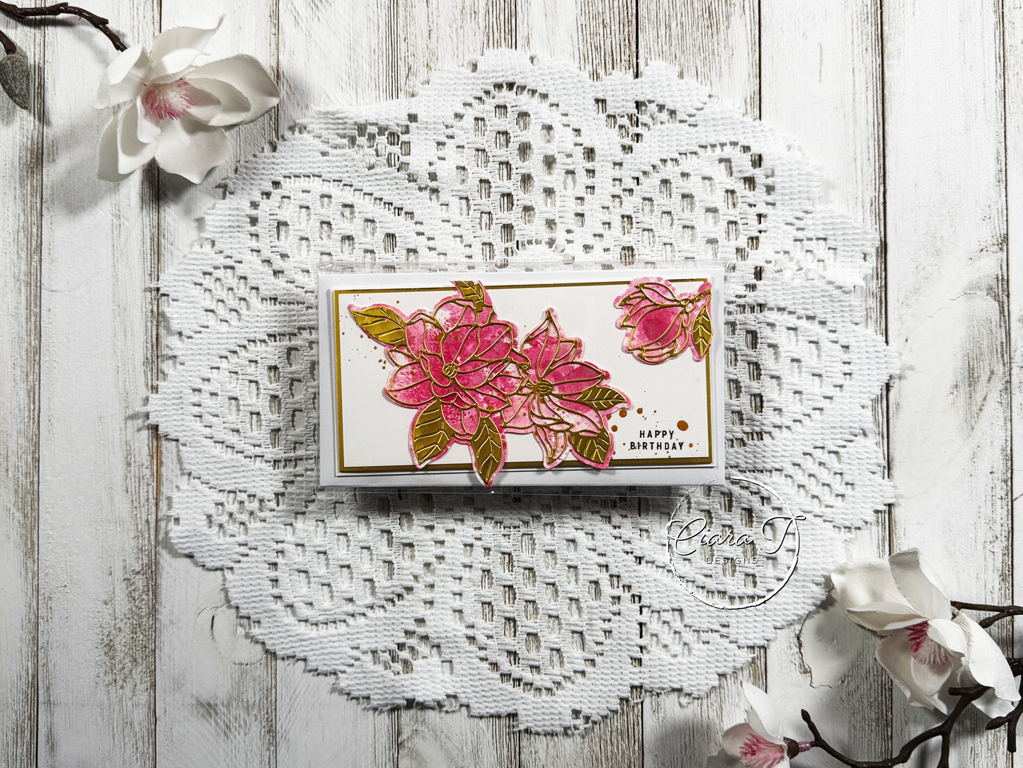 Pink & Gold Floral Mini Slimline Birthday Card