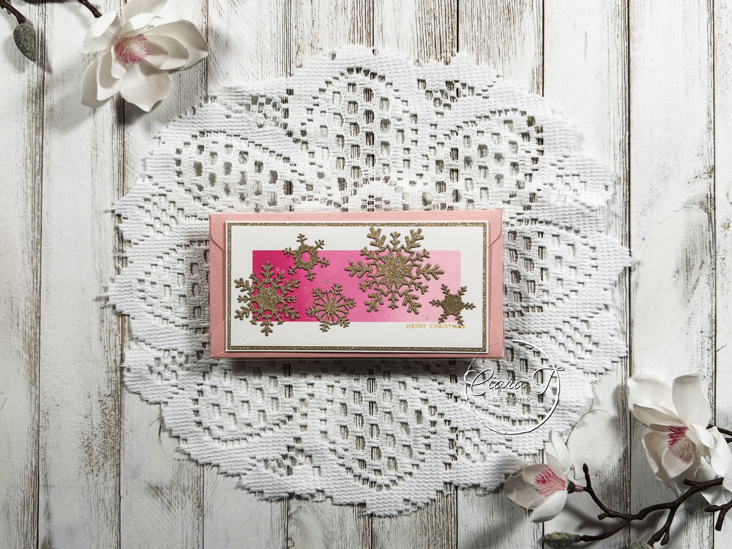 Pink & Gold Snowflake Christmas Mini Slimline Card