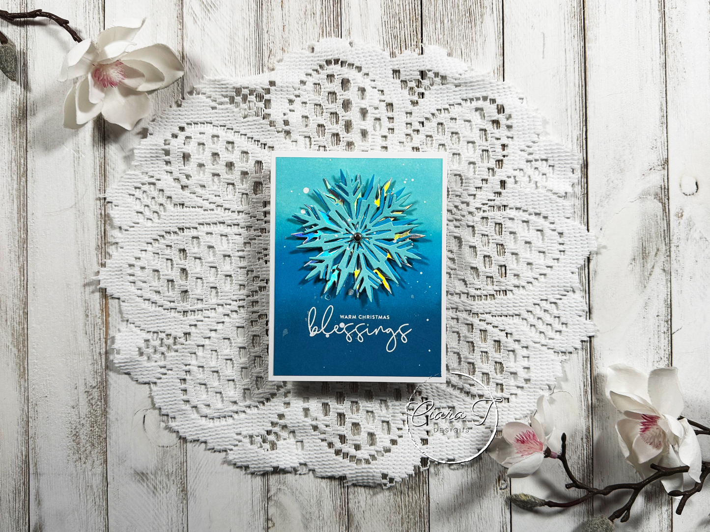 Teal Ink-Blended Snowflake Christmas Card